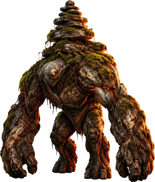 Cairnhulk, makhluk raksasa lamban dari batu gelap dengan tumpukan batu berlumut di punggungnya dan satu mata oranye redup.
