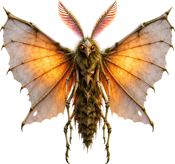 Lampmoth, ngengat besar bersayap pucat tembus cahaya yang bagian tengahnya menyala oranye seperti lentera kertas.